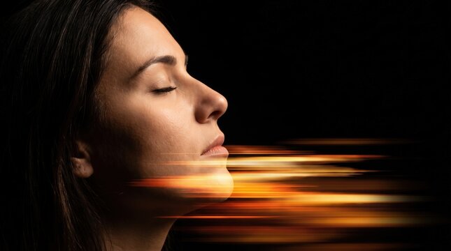 Woman in profile with abstract light trails representing speech recognition ai technology