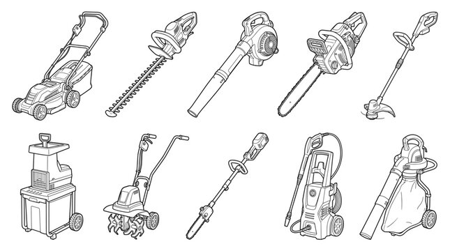 Garden power tools with mower trimmer chainsaw blower set line drawing vector designs