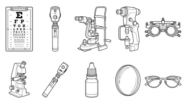 Ophthalmic equipment with eye chart slit lamp glasses set line drawing vector designs