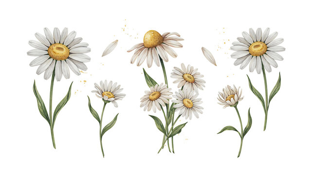 Watercolor white daisy flowers with yellow centers and green stems isolated on a transparent background