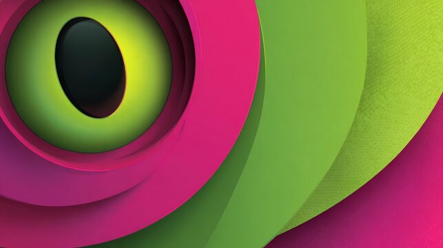 Close up of an abstract 3D green and pink eye with concentric circles, surreal macro lens graphic for funky meme design and pop art