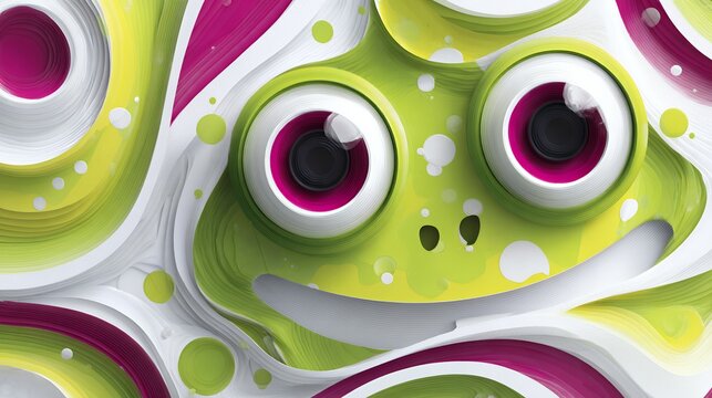 Abstract 3D swirling background resembling a funny green and pink frog face with big eyes, surreal playful meme background texture