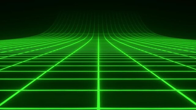 Tracking shot of neon grid receding into curved horizon in dark virtual space