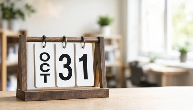 Wooden desk calendar showing the date of october thirty first inside a bright room