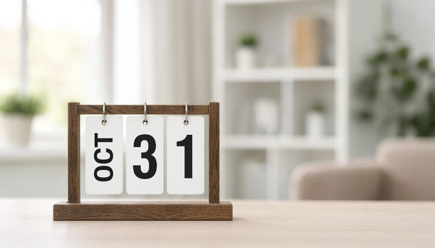 Wooden perpetual desk calendar displaying the date October thirty first on a table