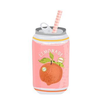 Peach lemonade can with straw and fruit label isolated on white background in hand drawn vector style
