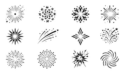Obraz premium Fireworks Silhouette Collection, Black Celebration Bursts Stars and Spark Vector Iconsfirework, burst, spark, sparkle, stars, silhouette, minimal, vector, illustration, black, white, celebration, fest