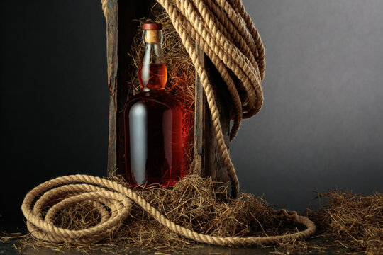 Bottle of whiskey in an old wooden crate.