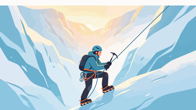 Alpine Climber Scaling Snowy Peak with Ice Axe and Harness in Minimalist Mountain Landscape