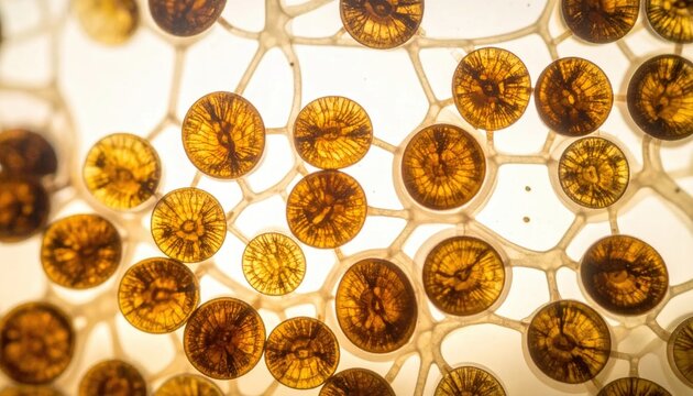 Intricate Microscopic View of Golden Circular Cellular Structures Forming a Delicate Network