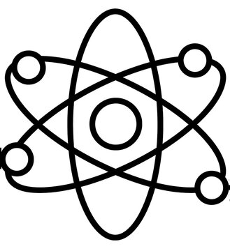 Atomic particle diagram with electron orbits in high-contrast black and white vector style