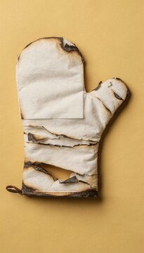 Oven mitt made of thin paper napkins with scorched curling edges on a pale yellow backdrop, conceptual harvest imagery with copy space for Thanksgiving campaigns