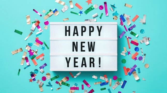 Illuminated sign displays Happy New Year amidst festive confetti and streamers