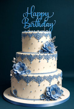 Elegant Three Tier Birthday Cake with Blue Floral Decorations and Lace Design