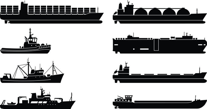 Cargo Ship and Workboat Silhouette Icon Set