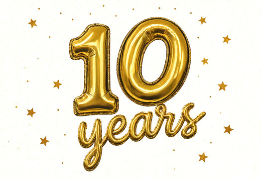 Golden foil number ten years anniversary celebration design with stars