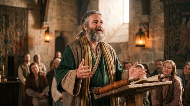 Bearded man preaching to crowd from wooden podium with scroll in ancient stone hall. People listening to sermon in biblical scene. Faith, religion and catholic teaching concept.