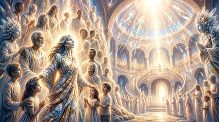 Obraz premium Woman blessing children and praying people in heavenly cathedral. Divine light shines over crowd of believers in majestic temple.