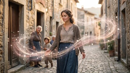 Fototapeta premium Woman walking through old village street surrounded by glowing light and flowers. Biblical scene of faith and divine grace in ancient town.