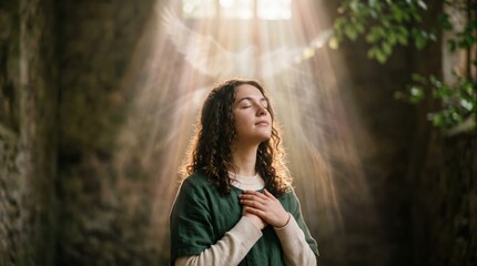Fototapeta premium Woman with closed eyes praying with hands on chest in sunlit old church. Warm light rays and green leaves create peaceful spiritual atmosphere.