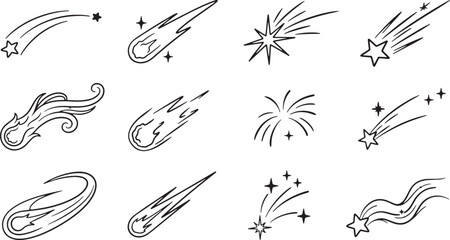 Doodle set of shooting stars and comets, hand drawn vector icons, black outline illustration for space and night sky concept. © Hanzala's vectors 