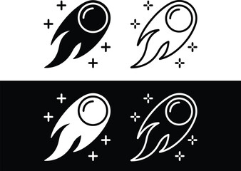 Blazing comet fireball icon set, falling meteor asteroid with flame trail symbol, celestial meteoroid night sky badge, cosmic space rock impact and astronomy astrophysics vector icons © MDENAMUL