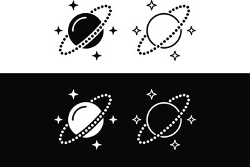 Saturn planet asteroid belt icon set, celestial ringed sphere with sparkling stars symbol, cosmos orbit astronomy badge, deep space exploration and planetary astrophysics vector icons © MDENAMUL