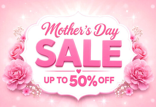 Mothers Day sale banner with pink flowers and discount offer