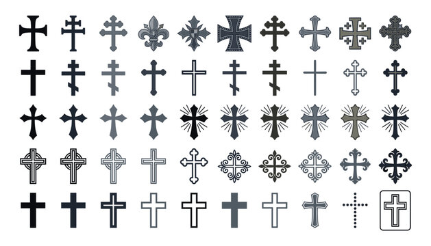 Christian cross vector icon collection featuring various traditional religious crucifix shapes heraldic symbols decorative ornate and simple design elements