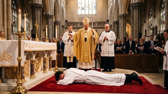 Man lying prostrate before altar during catholic ordination ceremony. Bishop in golden vestments blesses him inside gothic cathedral with congregation.