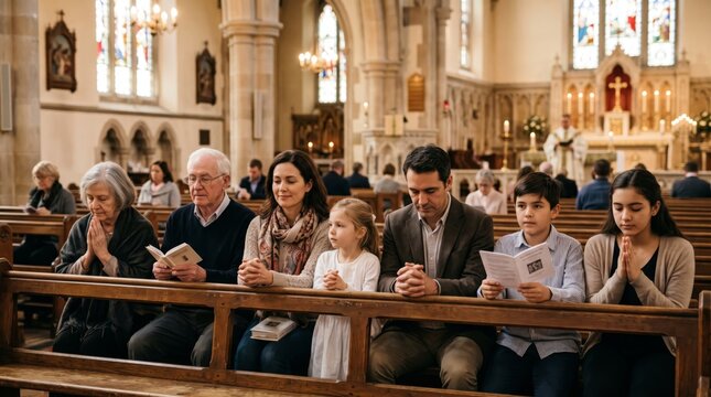 Family praying together on wooden pew inside catholic church during sunday mass. Multi generation family with kids and seniors attending religious service.