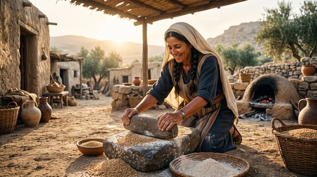 Woman grinding wheat grain with stone mill in ancient biblical village. Middle eastern woman preparing flour near clay oven at sunset.