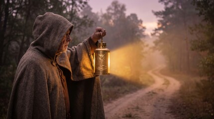 Fototapeta premium Old man in medieval monk hooded cloak holding glowing lantern on misty forest road. Monk with candle lamp walks mysterious path at dawn.