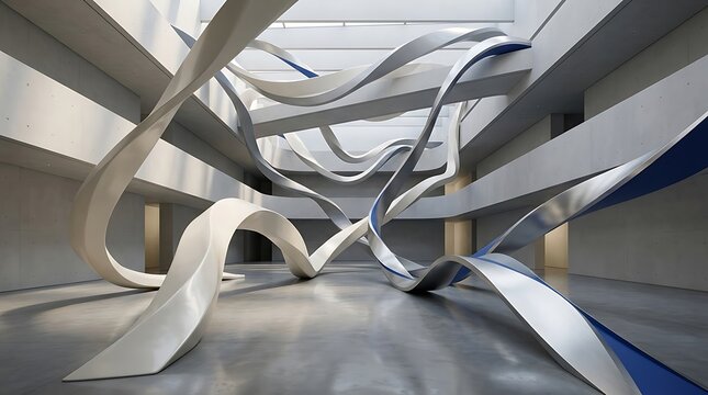 Modern architectural atrium with flowing white and blue parametric ribbons and concrete walls