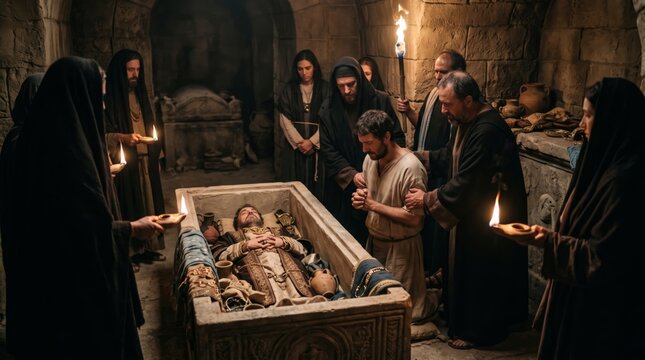 Mourners gathered around stone tomb with deceased man in biblical burial scene. People in ancient robes holding candles in dark cave crypt.