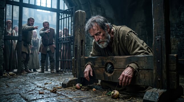 Old man locked in wooden medieval stocks while angry crowd points and mocks him. Prison scene with grey-haired prisoner suffering public humiliation in stone dungeon.