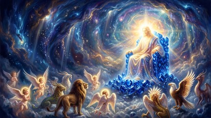 Fototapeta premium Jesus Christ sitting on crystal throne surrounded by angels and animals in heavenly cosmos. Divine glory radiates over clouds and galaxy in fantasy painting.