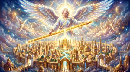 Fototapeta premium Radiant archangel with golden wings holding measuring rod over heavenly city. Divine celestial realm with shining temples and angels among clouds.