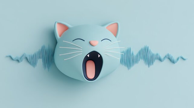 Cute 3D yawning pastel cat head with audio visualizer sound waves for podcast music and voice recording concepts