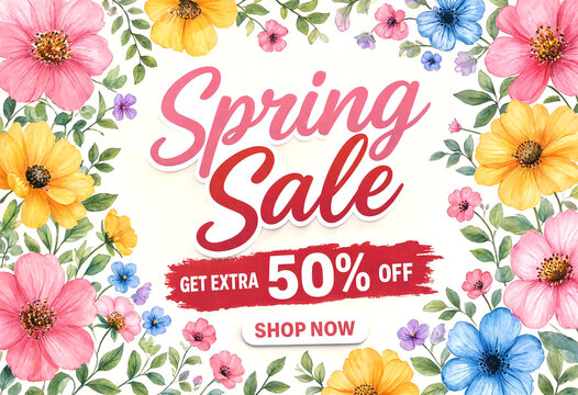 Spring sale advertisement featuring colorful flowers and discount offer