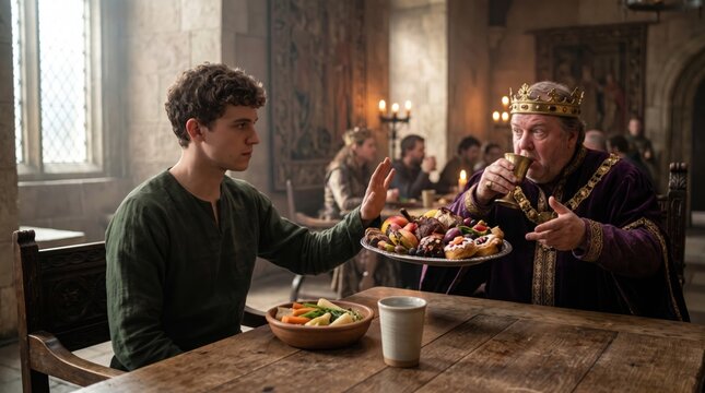 A young man refuses rich food offered by a king in a medieval hall. The king drinks from a goblet, surrounded by a lavish feast.