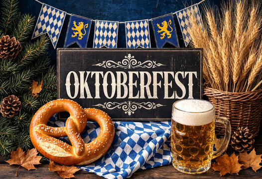Traditional Oktoberfest celebration with pretzels beer and Bavarian decorations