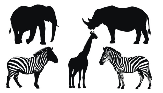 A compelling arrangement of iconic African safari animals including an elephant, rhinoceros, giraffe, and two zebras, presented as black silhouettes on a white canvas.