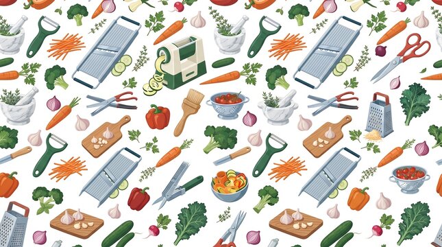 Vegetable Kitchen Tool Seamless Pattern with Slicers and Fresh Produce