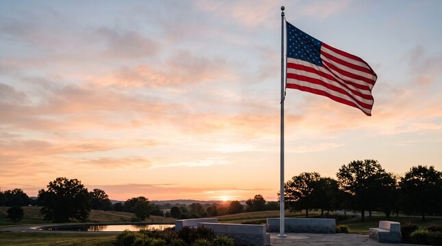 United States flag stands at full mast on a hilltop park overlooking a serene sunrise landscape.