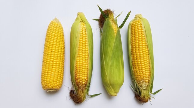 Four ears of corn on white background, two fully husked with bright yellow kernels and two partially covered with green husks and brown silk.