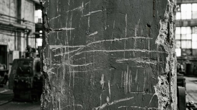 Industrial warehouse interior with a scratched concrete pillar in black and white