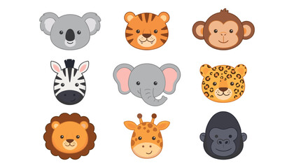 Obraz premium Cute wild animals face vector icon set featuring cartoon koala tiger monkey zebra elephant leopard lion giraffe and gorilla