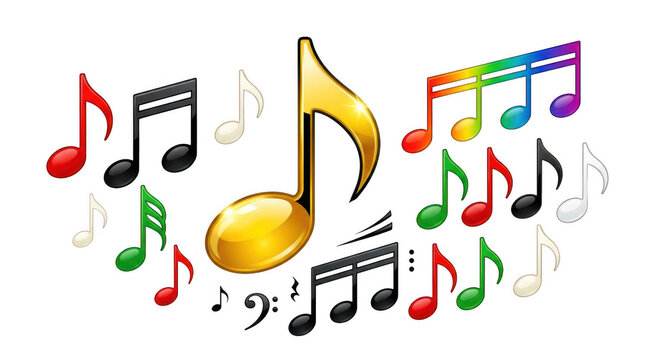 Diverse collection of vibrant 3d music notes on transparent background for various musical projects.