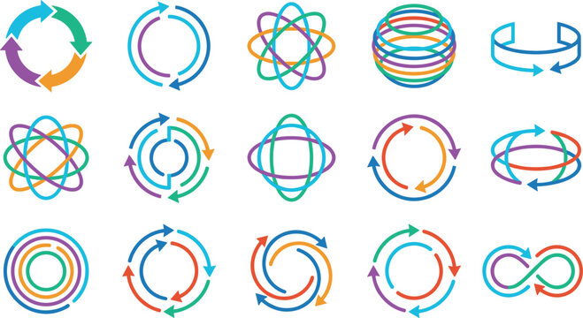 Vector set of colorful abstract circular arrow icons geometric line logos infinity symbols and loop signs for business branding